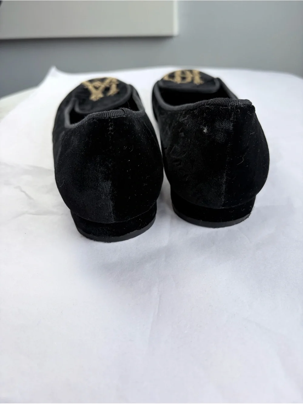 Castaner Black Velvet Loafers with Gold Monogram size 39